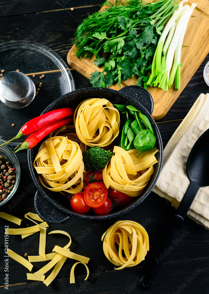 Poster original italian style pasta dinner on dark background. italian cuisine