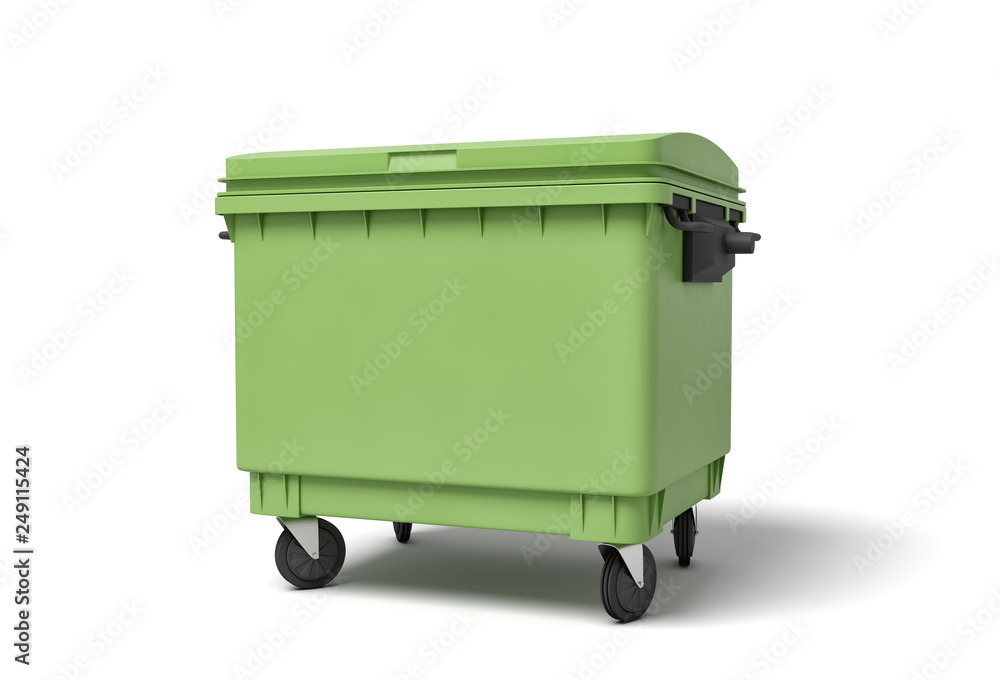 Poster 3d rendering of green trash bin isolated on white background