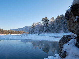 The river Katun in the blue clear clear water flowing in the mountains in the winter sunset evening.