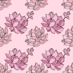 Vector Jungle botanical succulent flower. Engraved ink art illustration. Seamless background pattern.