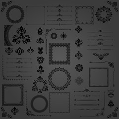 Vintage set of vector black horizontal, square and round elements. Different elements for backgrounds, frames and monograms. Classic patterns. Set of vintage patterns