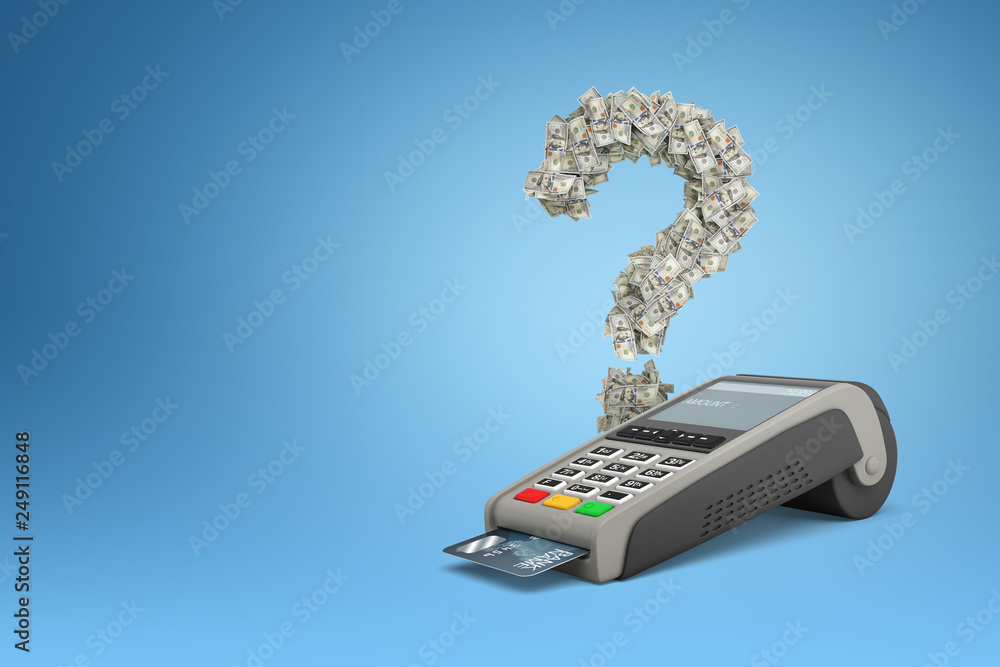Poster 3d rendering of a question mark made of dollars and a pin pad on blue background