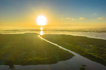 aerial view above Thale Noi bird watching tower in Phatthalung. Thale Noi is the second of largest lake in Thailand. the lake is an abundant food a source for waterfowl habitat a source of sea food.