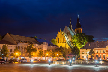 Night view on the main square in Olkusz city, Malopolskie, Poland