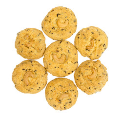 butter cookies with cashew nuts isolated on white background, top view