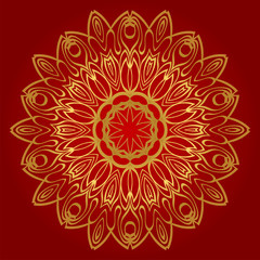 Hand-Drawn Henna Ethnic Mandala. Circle Lace Ornament. Vector Illustration. For Coloring Book, Greeting Card, Invitation, Tattoo. Anti-Stress Therapy Pattern. Red, gold color