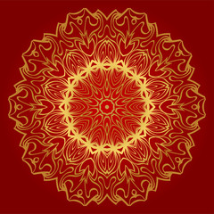 Hand-Drawn Henna Ethnic Mandala. Circle Lace Ornament. Vector Illustration. For Coloring Book, Greeting Card, Invitation, Tattoo. Anti-Stress Therapy Pattern. Red, gold color