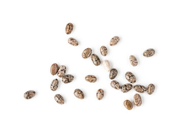 Group of chia seeds spread out and isolated on white background