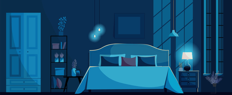 Dark blue Bedroom interior with a bed, nightstand, shelf, wardrobe, lighting bedside lamp and windows. Moon light on ter wall. Bedroom at night without people.Flat cartoon style vector illustration.