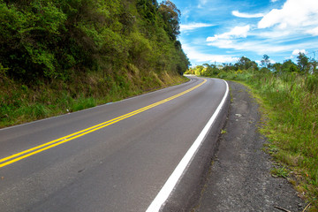New asphalt road with forest on the sides and blue sky with few clouds, Urubici, Santa Catatarina