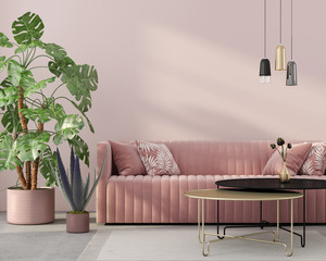 living room in pink with velvet sofa - obrazy, fototapety, plakaty
