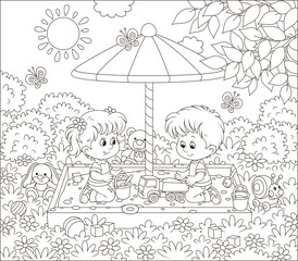 Small children playing in a sandbox on a playground in a park on a sunny summer day, black and white vector illustration in a cartoon style for a coloring book