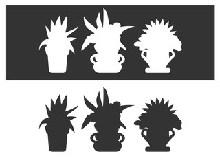 Set of silhouettes of houseplants in black and white.  illustration.