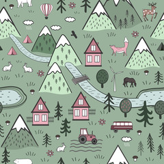Cute Hand Drawn Scandinavian Vector Seamless pattern with houses, animals, trees, old castle and mountains. Nordic nature landscape concept. Perfect for kids fabric, textile, wallpaper, or door mat