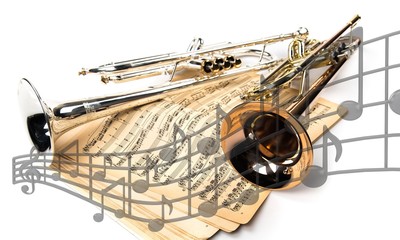 Trumpets and vintage notes on white