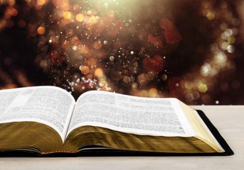 Open Holy bible book on light background