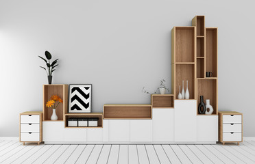 Cabinet mockup in modern empty room,white floor wooden on white wall room japanese style.3d rendering