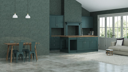 Modern interior of a country house. Interior with dark green kitchen and green brick walls. 3D rendering.