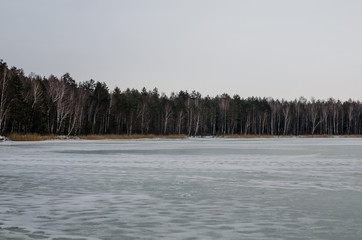 The frozen lake in the winter forest. Winter Lake Landscape