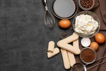 frame made of Ingredients for making traditional Italian dessert Tiramisu
