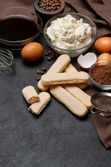 frame made of Ingredients for making traditional Italian dessert Tiramisu