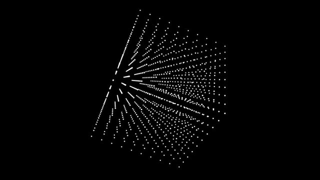 3d cube of white particles rotating on a diagonal on a black background.