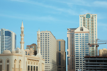 DUBAI, UNITED ARAB EMIRATES - NOVEMBER 06, 2018: Cityscape with modern buildings and mosque