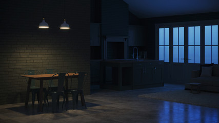 Modern interior of a country house. Interior with dark green kitchen and green brick walls. Night. Evening lighting. 3D rendering.