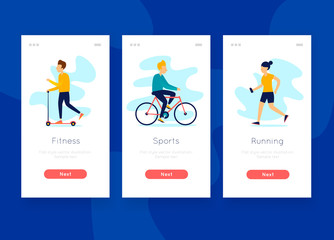 People play sports, mobile app. Lifestyle. Fitness people. Man ride bicycle. Woman run. Man riding a scooter. Vector flat illustration