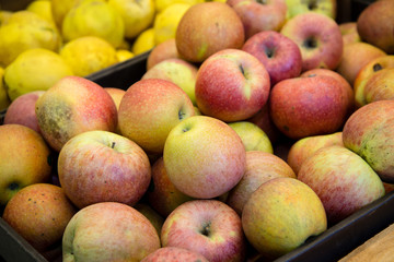 Fototapeta na wymiar fresh fruit, many ripe red apples on the counter in the supermarket