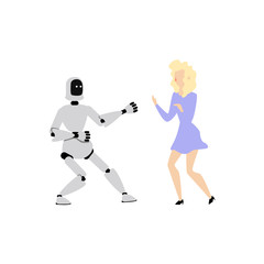 Vector flat cyborg robot dancing with woman