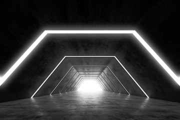 Abstract Futuristic dark corridor interior design. Future concept tunnel with light background. 3D rendering.
