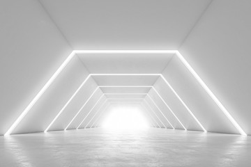 Illuminated corridor interior design. Abstract Futuristic tunnel with light background. 3D rendering.