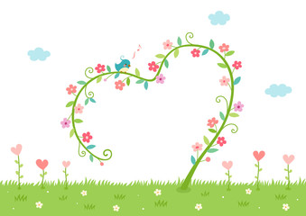 Flowers stem with cute little bird.Heart shaped plant arch on grass background