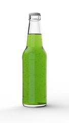 Transparent bottle with bubble green liquid and white cap on white background. 3D render Mockup
