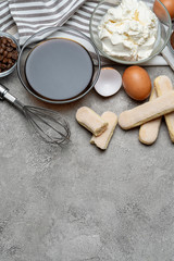 frame made of Ingredients for making traditional Italian dessert Tiramisu