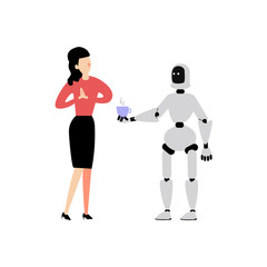 Vector flat robot cyborg waiter coffee to woman