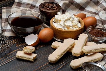frame made of Ingredients for making traditional Italian dessert Tiramisu