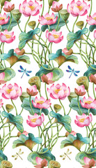 Lotus flowers seamless background pattern. Version 1