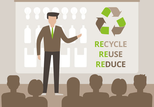 Speaker doing presentation on ecological conference. Waste problem creative concept. Reduce Reuse Recycle. Vector illustration flat style. 