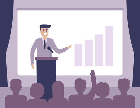 Speaker view diagram on board, business presentation in hall. Workshop, politician or motivation concept. Vector illustration flat style. 