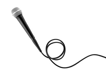 Microphone with wire on white background, top view