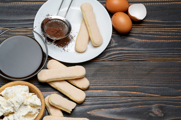 frame made of Ingredients for making traditional Italian dessert Tiramisu