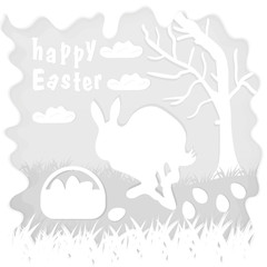 illustration in paper_1_style on the theme of Easter celebration little rabbit sitting on the lawn next to a basket of eggs near the tree, for the design of stickers and covers