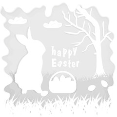 illustration in paper_4_style on the theme of Easter celebration little rabbit sitting on the lawn next to a basket of eggs near the tree, for the design of stickers and covers