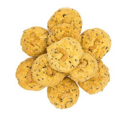 butter cookies with cashew nuts isolated on white background, top view