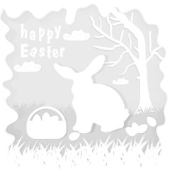 illustration in paper_9_style on the theme of Easter celebration little rabbit sitting on the lawn next to a basket of eggs near the tree, for the design of stickers and covers