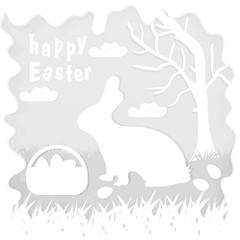 illustration in paper_3_style on the theme of Easter celebration little rabbit sitting on the lawn next to a basket of eggs near the tree, for the design of stickers and covers