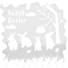 illustration in paper_10_style on the theme of Easter celebration little rabbit sitting on the lawn next to a basket of eggs near the tree, for the design of stickers and covers