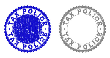 Grunge TAX POLICE stamp seals isolated on a white background. Rosette seals with grunge texture in blue and grey colors. Vector rubber stamp imitation of TAX POLICE caption inside round rosette.